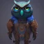 Placeholder: Anthropomorphic blue owl, big green eyes, lots of details, portrait, finely detailed armor, cinematic lighting, intricate filigree metal design, 8k, unreal engine, octane render, realistic, redshift render