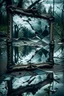 Placeholder: A broken piece of glass old vintage mirror, reflecting its surroundings on the water's surface. The damaged glass creates an interesting visual effect and captures the attention of the viewer, dramatic , weird, thriller, high detalied, realistic