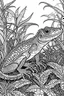 Placeholder: Outline art, lizard in the garden, cartoon style, black and white, low detail, --ar 9:11