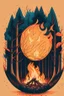 Placeholder: perfect round ball burning in a bonfire inside a forest, 2D flat illustration style, monoline, 3 colors max