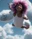 Placeholder: Ultra realistic speed clouds sky scene, wide angle view, sweet childs falling down, inflatable color clothing, free jumping flying, many trinkets, monster hair, hair monster, many jelly beans, balls, smile, happy, circus style, extreme, wind, clouds sea, 20,000 feet altitude, stratosphere, soft color, highly detailed, unreal engine 5, ray tracing, RTX, lumen lighting, ultra detail, volumetric lighting, 3d, finely drawn, high definition, high resolution.