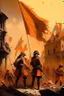 Placeholder: soldiers from the 1700s putting a orange flag in the middle of a destroyed city