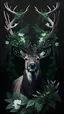 Placeholder: beautiful male deer with big horns made from ivy and white flowers, front facing dark smooth colors, forest green background,