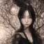 Placeholder: foto da japonesa hitomi tanaka, black hair, wearing a black lace dress with a deep v neck, sorceress, magical, ethereal, intricate, sharp lighting, misty. Painting, high quality, Ultra quality 8k.