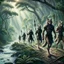 Placeholder: wolf body hair straight walking eight anthropomorphic wolf man hybrid human two with spears in their paws go one after another by pathway in jungle, in the further away a river flows in jungle near the trees, rain, very thick-trunk trees and jungle vegetation, near to them flows a fast river, dark colors, high realistic, 3d, digital art, detailed, cinematic, sci-fi, fantasy mood