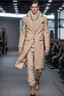 Placeholder: a men winter fashion runway with industrial clothes inspired by Superman Emblem style, embroidery elegante fashion beige tones