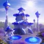 Placeholder: landscape of aztecan blue temple ambient beutiful villa white gold and neon lights bright and blue bright gloss effect of a futuristic house,like spaceship, natural round shapes concept, large transparent view of the open outdoor garden,sea beach,blue sky , gold crystals,with light blue, flowers of Lotus, beutiful pools, light of sun , palmiers,cerisiers en fleurs, wisteria, sun , stars, small waterfalls