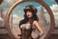 Placeholder: exotic sci-fi steampunk pin-up girl, with long dark hair with bangs, on an alien planet with cloud trees, tall spires, buildings, bridges, arches, photorealistic