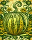 Placeholder: decorated pumpkins in shephard fairey style graphic, urrounded by golden leaves, sharp detailed graphic, garden background.