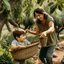 Placeholder: A mother picking olives from the tree and a son holding the basket sideways and happy