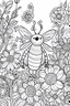 Placeholder: HAPPY NEW YEAR coloring page for kids, Bee buzzes around New Year flowers, thick outline, low details, no shading, no color