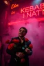Placeholder: An spanish Guy with big eyes "Enrique" performing at dance club, his name is "Enrique" Red roses On stage, red Neon lights and smog, and "Din KEBAB I NATT" big sign on the wall, serenade under balcony, ZORRO vibes