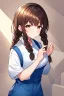 Placeholder: A girl with brown hair in two braids with brown eyes and a blue jumpsuit with a white shirt underneath