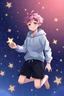 Placeholder: A young man with tousled pink hair and golden eyes floating among the stars wearing a light blue hoodie and black board shorts. He is smiling softly and holding a star in one hand. Photo realistic.