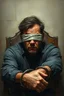 Placeholder: A man they but a fabric on his eye so he can not see and his arms are Handcuffed. looks miserable with bruises on his face like he has been beating sitting on a broken chair in a prison with dem light and dark prison environments , Busch painting style , sureal