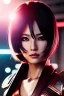 Placeholder: Futuristic Manga warrior, portrait from waist up, intricate eyeliner, vibrant eyeshadow, clear completion, soft lighting, 4k resolution, intricate details, insanely detailed, colorful cityscape background, masterpiece, expert, cinematic smooth, retroanime style, realistic details, no helmet