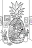 Placeholder: Pineapple Cozy Art Studio Coloring Page: A pineapple cross-section displaying an art studio. Features an easel, paint palettes, brushes, and artworks hung on the walls.