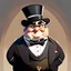 Placeholder: Illustration, chubby face, old banker, rich billionaire, black tuxedo, wearing top hat, bow tie, animation character, Disney animation style