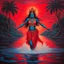 Placeholder: An oil painting of goddess Kali crossing a lake, neon red colors