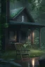 Placeholder: A cottage in the middle of a woods, with a rocking chair on its porch. Surrounded by lush greenery, and light rain falling. Comforting, soothing, hyper real, 4k