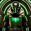 Placeholder: star wars bald male corellian pilot wearing black and bright gasoline green First Order special forces TIE pilot commando armored flightsuit and helmet with gold trim inside the jedi temple, centered head and shoulders portrait, hyperdetailed, dynamic lighting, hyperdetailed background, 8k resolution, volumetric lighting, light skin, fully symmetric details