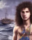 Placeholder: beautiful 12 year old arabic boy with long, curly hair and light blue eyes,shirtless, in front of a boat