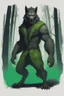 Placeholder: concept art of a werewolf with green fur, digital artwork, illustrative, painterly, matte painting, highly detailed, cinematic composition