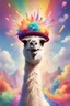 Placeholder: a digital painting of a llama wearing a hat surrounded by an explosion of rainbow colors at a party, matte painting, storybook illustration, whimsical, cute, bold lines