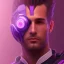 Placeholder: Handsome guy face, Sci-fi character, purple backlight, pink and purple, scifi suit, profile, purple background, pink lighting