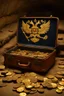 Placeholder: in a LARGE BASEMENT, half-buried in the earth, an ancient, worn-out, worn-out, torn-side valise peeks out, from which gold coins from the time of Catherine the Great fall out. The ancient coat of arms of Russia, the double-headed eagle, is BARELY VISIBLE on the bag. There are a lot of broken bricks and earth around the bag. All in high quality 8K