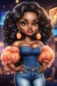 Placeholder: create an airbrush illustration of a chibi cartoon curvy black female wearing Tight blue jeans and a peach off the shoulder blouse. Prominent make up with long lashes and hazel eyes. She is wearing brown feather earrings. Highly detailed long black shiny wavy hair that's flowing to the side. Background of a night club.