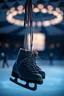 Placeholder: Focus Two ice skates hanging by their lace in dark light off blurred ice rink illuminated from above by a omniscient blue light