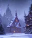 Placeholder: A magical snowy warlock gothic castle with river canals and a large Christmas tree