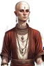 Placeholder: full length, gangly, 22-year old, shaved head, nordic looking grey-eyed female human cleric with a red beaded necklace