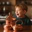 Placeholder: A copper teapot reflects the image of a laughing child