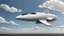 Placeholder: A Spacecraft, shaped like a passenger jet, without wings, hovering above a road, blue sky, white clouds