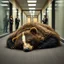 Placeholder: grainy photography of a huge dirty contented bear sprawled out and sleeps in the office corridor, in the background there are transparent glass doors behind which frightened workers stand with folders in their hands and watch the badger, high detail, cinematic, realistic, backlight