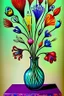 Placeholder: melted flowers in a glass vase, melted family pictures on the wall in the style of Salvador Dali's with green, blues, orange and purples, surrealism style