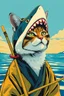 Placeholder: cat with shark mask hat solana fishing japanese style in the style of warhol