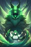 Placeholder: A emerald green fox turning into a magnificent phoenix going from darkness to light