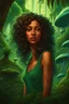 Placeholder: A vibrant portrait captures a young woman with cascading, curly hair engaged in communication with diverse extraterrestrial creatures in the lush green jungles of a distant and exotic planet.