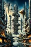 Placeholder: a stunningly weird image of a futuristic twin metropolis using Salvador Dali's paranoiac-critical method, where buildings and structures appear to melt into the skyline cityscape is filled with floating mad, twisted sharp metal shapes that interact with the buildings and each other, with forming a surreal tableau of a dreamlike reality with moving ways. neu-steampunk vibe, essence of the scene in a cinematic manner, with that enhance the distorted perspectives and bizarre, futuristic surreal