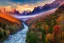 Placeholder: the most beautiful panoramic landscape, oil painting, where the mountains are towering over the valley below their peaks shrouded in mist, the sun is just peeking over the horizon producing an awesome flare and the sky is ablaze with warm colors and stratus clouds. a giant dreamy waterfall creates a river, it is winding its way through the valley and the trees are starting to bloom in a great variety of colors, by greg rutkowski, aerial view