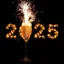 Placeholder: Surreal champagne glass bursting with fireworks, concept art, minimalism, dark background, brilliant firework exploding, double exposure text "2025" in sparkling block letters in the background