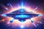 Placeholder: beautiful bright futuristic cosmic flat spaceship with little crystal jewel windows and to the bottom magic bluebeam, flying in a brightness cosmic universe with brightness light and stars and extraterrestral planet