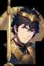 Placeholder: A handsome 30 year old knight, black hair, dark blue eyes, male shaggy haircut, in black-and-gold plate armor, no beard, european, portrait