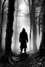 Placeholder: magical too much trees in big forest dark white and black fairy magic a shadow of hooded man from a distance standing