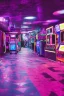 Placeholder: A dark photo an 80's aesthetics arcade at night, with a lot of functioning arcade machines, a vaporwave floor and some colorful tiles in between the floor. Purple Themed, purple aesthetics.