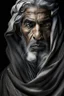 Placeholder: a photo of an Arabian man with ethnic jewelry, grey hair and grey flowing robe, in style of Annie Leibovitz, contemporary portrait of a mature yet beautiful and modernist man, black and grey, detailed masculine face, swirling fluid smokey enigma, award-winning artwork