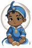 Placeholder: an anime style drawing of a black and asian baby boy. hes wearing blue medieval royal baby onesie. he is sun and moon themed. he is adorable and he has freckles.